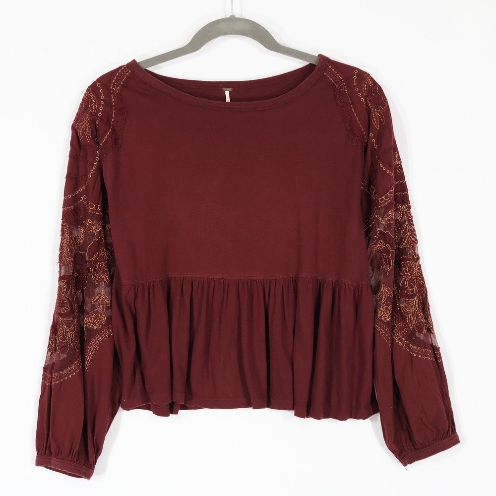 Free People Embroidered Mesh Sleeve Top Women Small Maroon Boho Babydoll